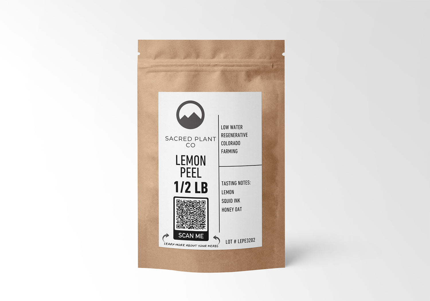 Half-pound eco-friendly bag of Sacred Plant Co’s Lemon Peel, Colorado-grown with low-water regenerative farming, delivering vibrant lemon notes, great for cooking, tea blends, and DIY skincare products.