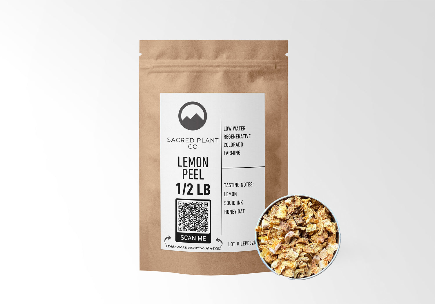 Sacred Plant Co Lemon Peel 1/2 LB in eco-friendly kraft paper packaging with a sample in a silver tin, used for supporting digestion, enhancing flavor in teas, and boosting vitamin C intake.