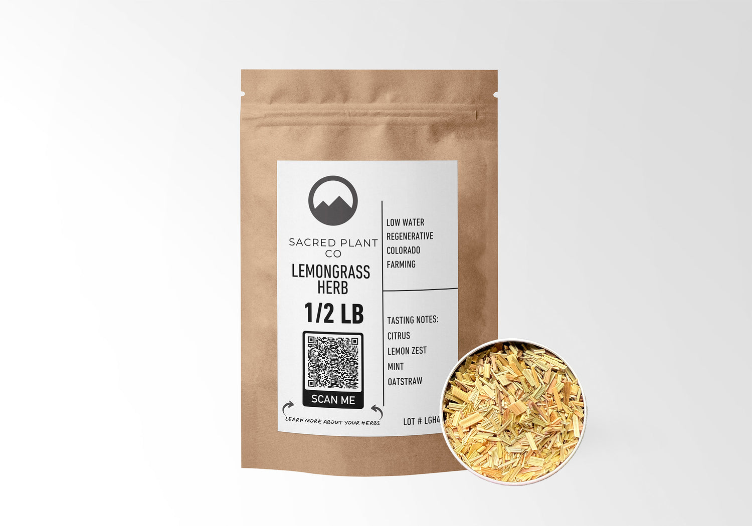 Sacred Plant Co Lemongrass Herb 1/2 LB kraft paper packaging with sample in silver tin showcasing sustainably grown herb for digestive health and calming properties.