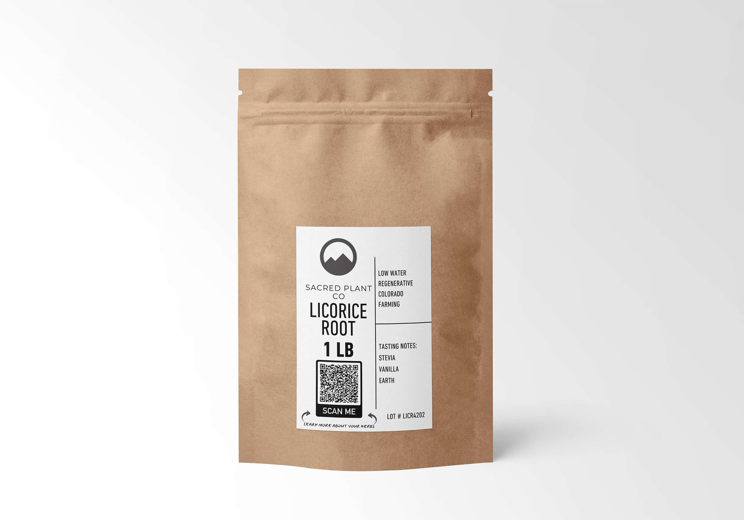 Sacred Plant Co’s 1 LB Licorice Root in eco-friendly kraft paper, promoting digestive support and immune health, responsibly grown for natural health enthusiasts.