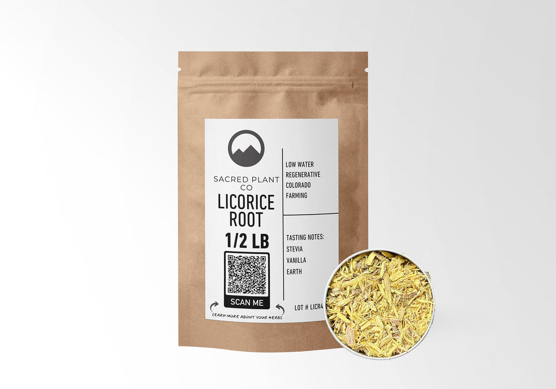 Premium quality Sacred Plant Co Licorice Root 1/2 LB in eco-friendly kraft packaging, with sample in tin, aids digestion and immunity.