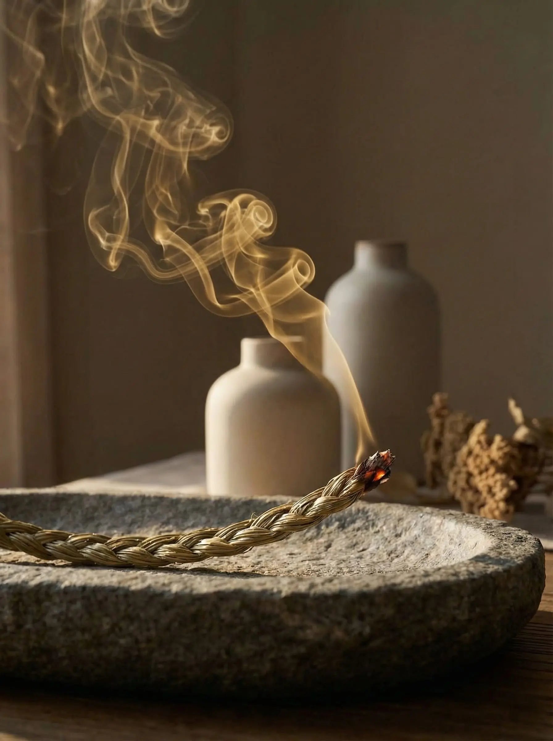 Lit sweetgrass braid resting in a stone smudging bowl with golden smoke swirling upward in warm natural light.