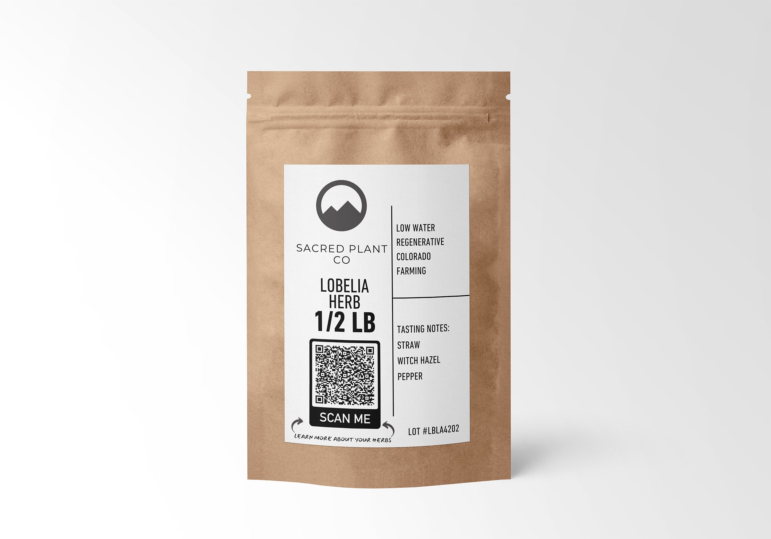 1/2 LB kraft paper bag of Sacred Plant Co’s Lobelia Herb, highlighting sustainable Colorado farming, used for respiratory wellness and clearing airways.