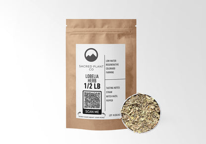 Sacred Plant Co Lobelia Herb 1/2 LB in eco-friendly kraft paper packaging with a sample in a silver tin, traditionally used to support respiratory health.