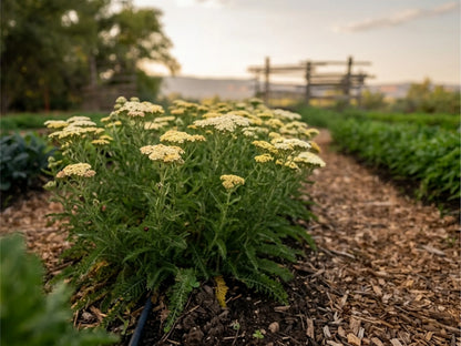 Premium, organically grown yellow yarrow flourishing in living soil on our regenerative farm, highlighting the sustainable cultivation methods used by Sacred Plant Co.