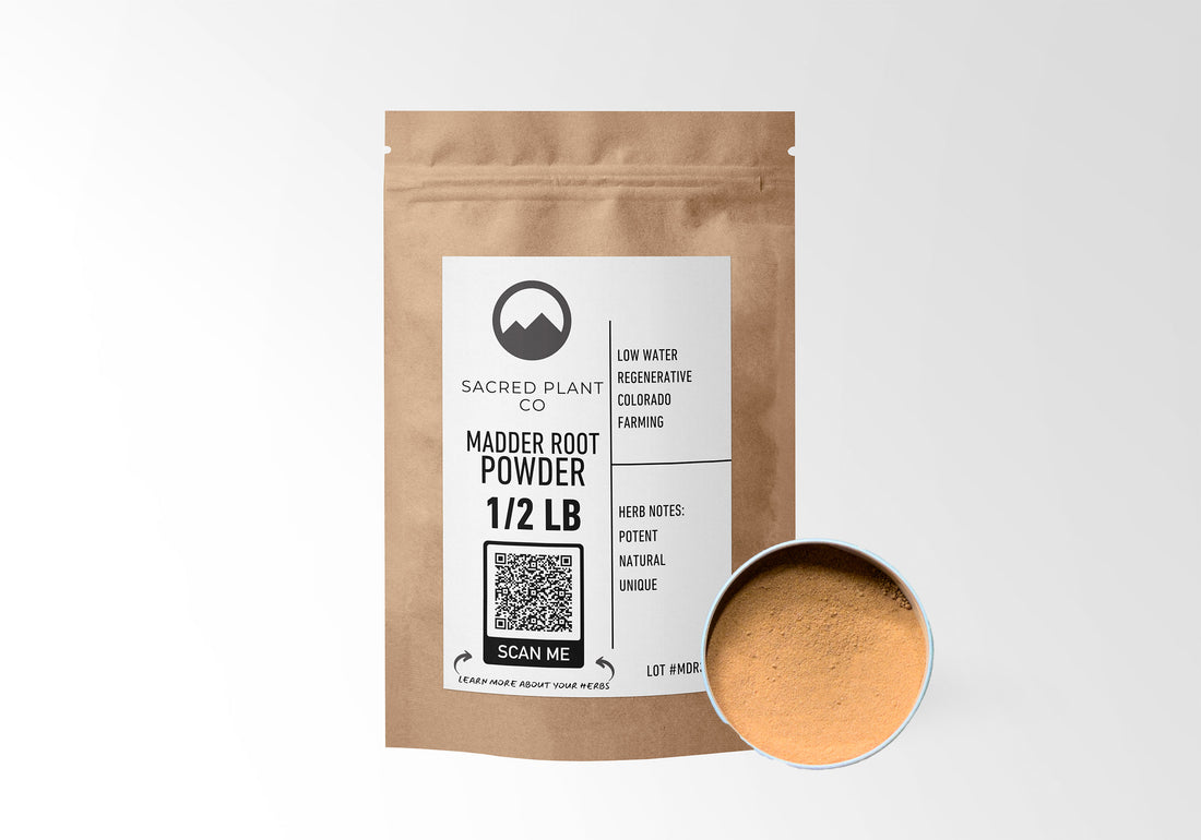 Sacred Plant Co Madder Root Powder 1/2 LB, packaged in a sustainable kraft bag, showcasing herb&