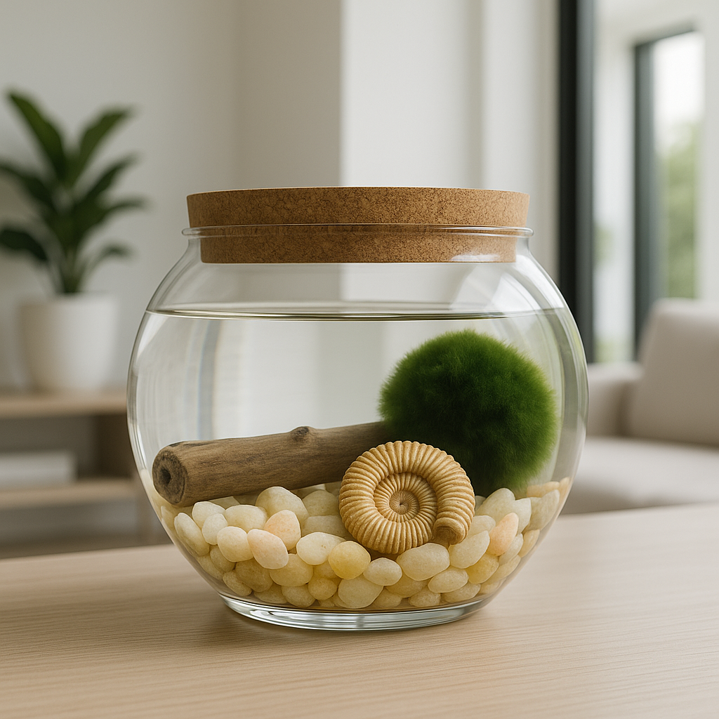 Eco-friendly Marimo moss ball aquarium featuring ancient Paleozoic fossil, driftwood, and natural stones, perfect for modern home decor