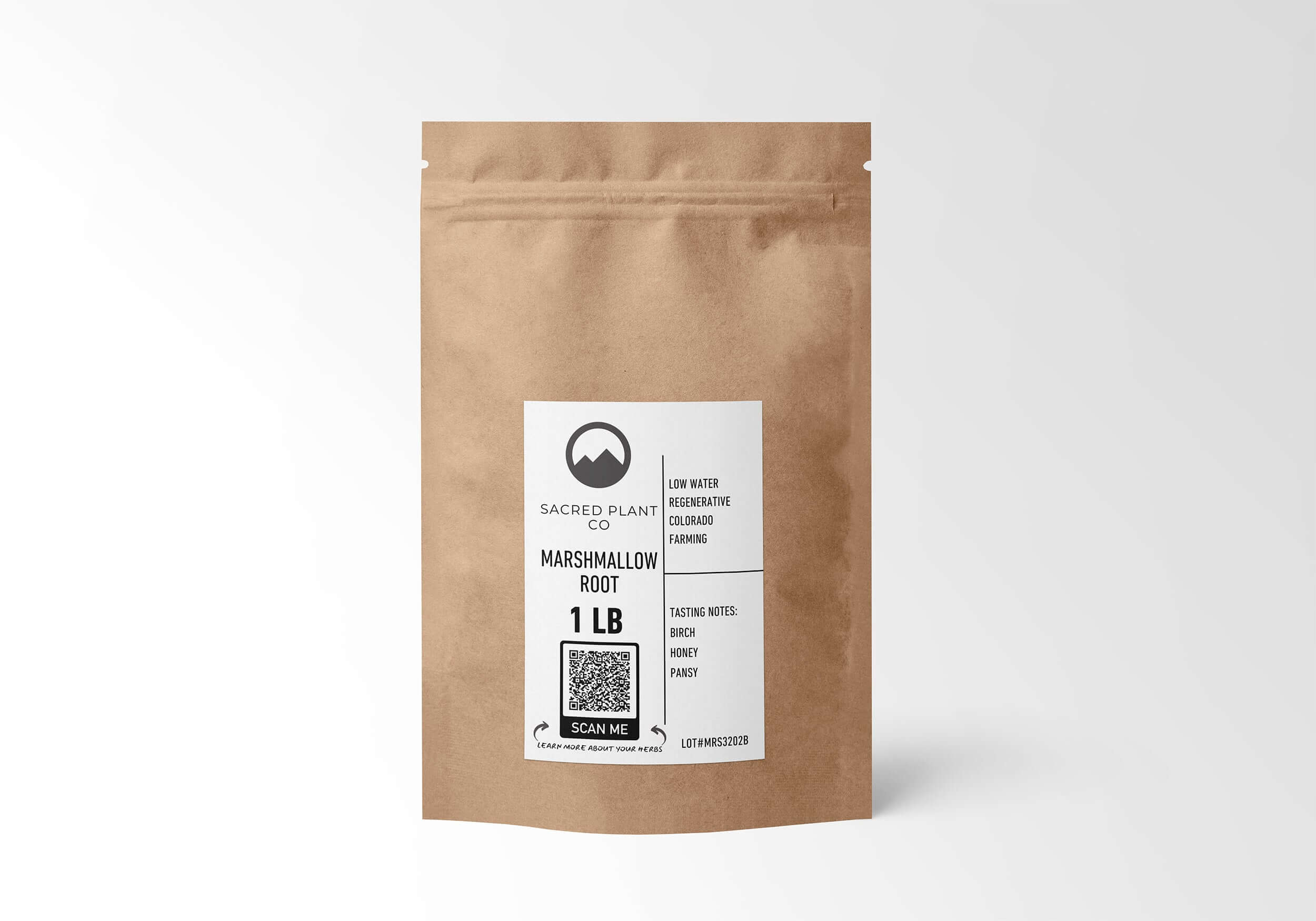 Sustainable 1 LB Marshmallow Root in premium kraft paper packaging, supporting respiratory health and eco-conscious farming.