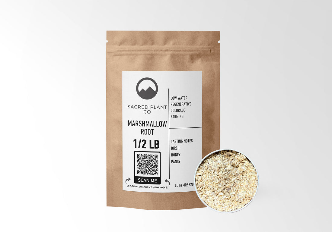 Sacred Plant Co Marshmallow Root 1/2 LB in eco-friendly kraft paper packaging, with a sample of the herb in a silver tin, supports soothing digestive and respiratory health.