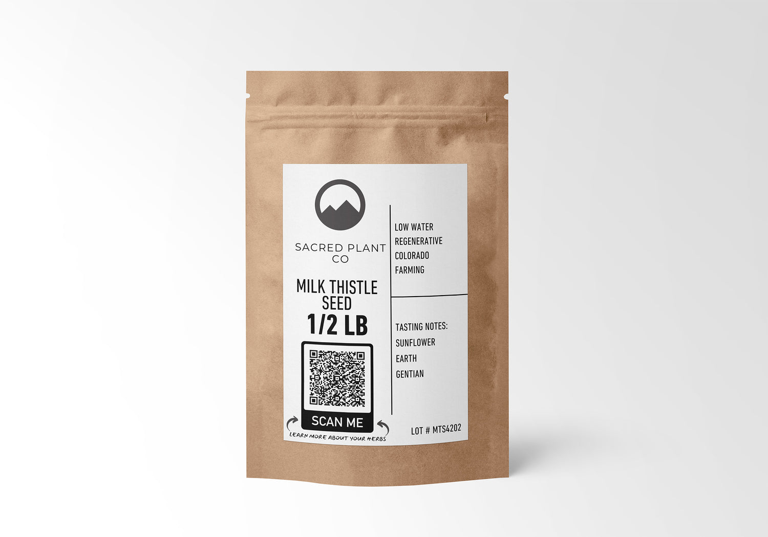 Half-pound kraft bag of Sacred Plant Co’s Milk Thistle Seed, sustainably grown to enhance liver detox and health remedies.