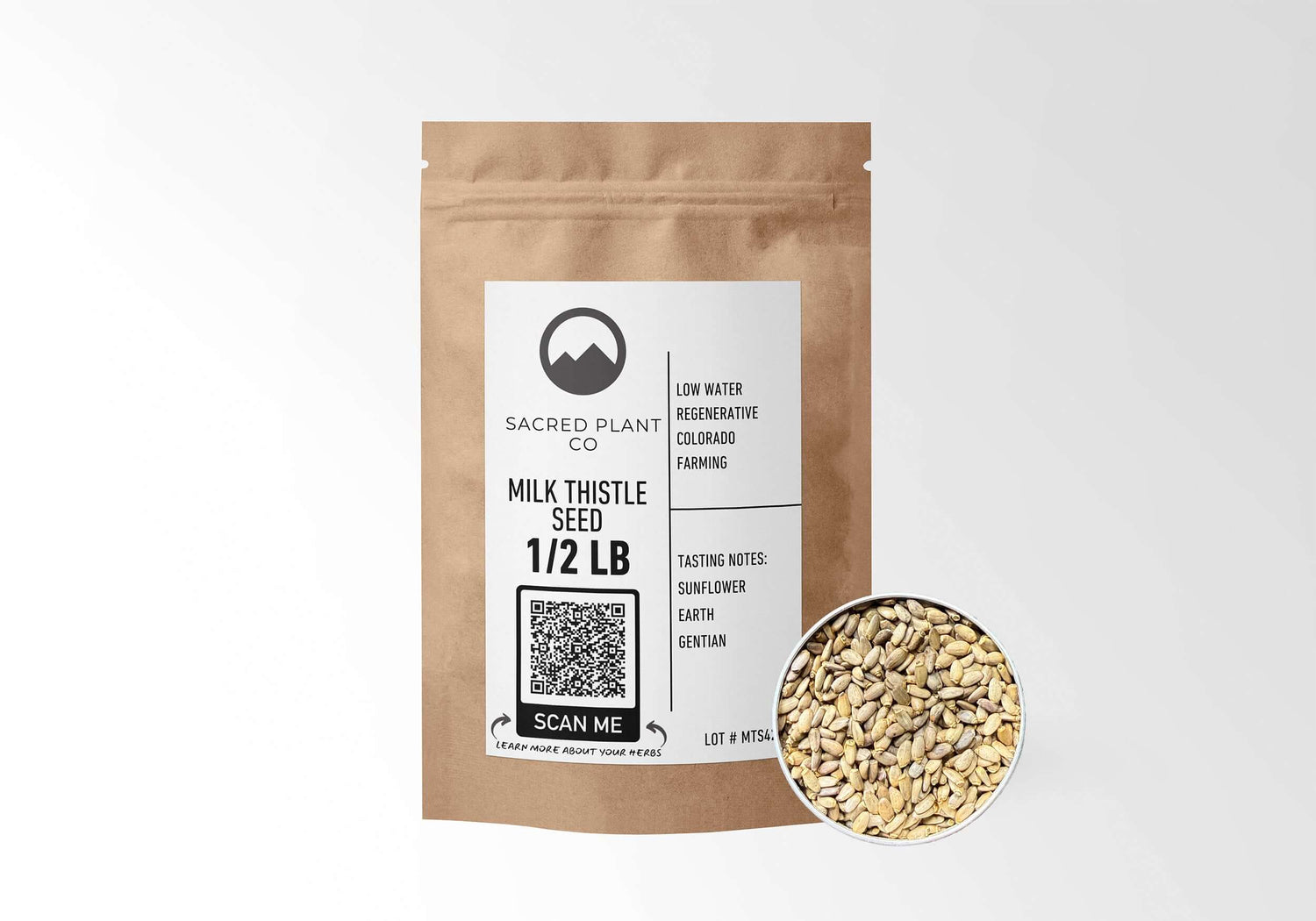 Milk thistle seeds in clear bag with wooden sample spoon showing speckled brown seeds