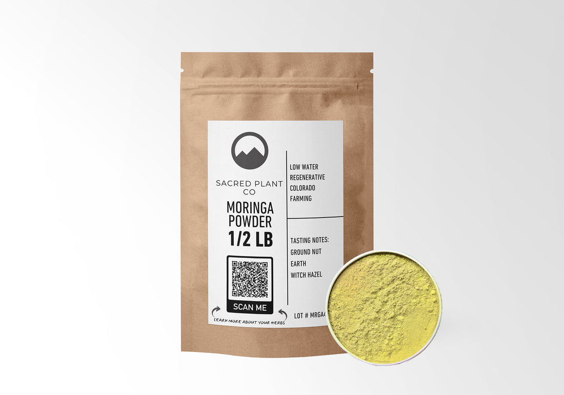 Sacred Plant Co Moringa Powder in eco-friendly kraft paper packaging, sample in a silver tin, used as a nutrient-dense superfood for boosting energy, supporting immune health, and improving overall vitality.