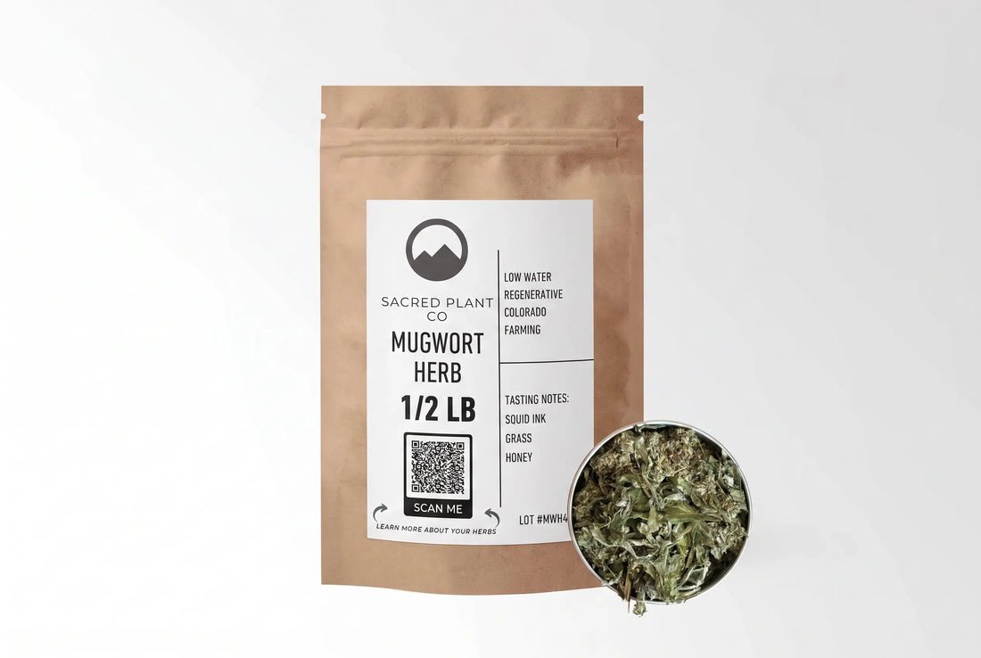 Sacred Plant Co Mugwort Herb 1/2 LB kraft paper packaging with sample in silver tin showcasing sustainably grown herb for use in digestive health and enhancing dream experiences.