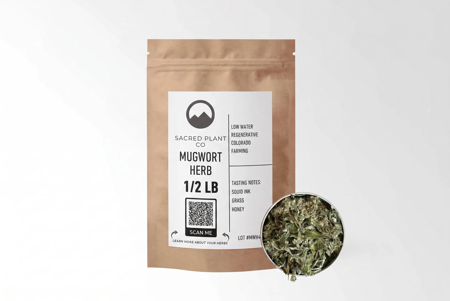 Sacred Plant Co Mugwort Herb 1/2 LB kraft paper packaging with sample in silver tin showcasing sustainably grown herb for use in digestive health and enhancing dream experiences.