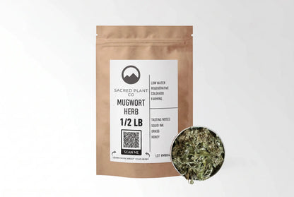 Sacred Plant Co Mugwort Herb 1/2 LB kraft paper packaging with sample in silver tin showcasing sustainably grown herb for use in digestive health and enhancing dream experiences.