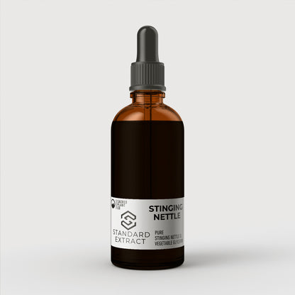 A 30ml bottle of Sacred Plant Co Standard Stinging Nettle Extract Tincture with a black dropper cap on a simple background.