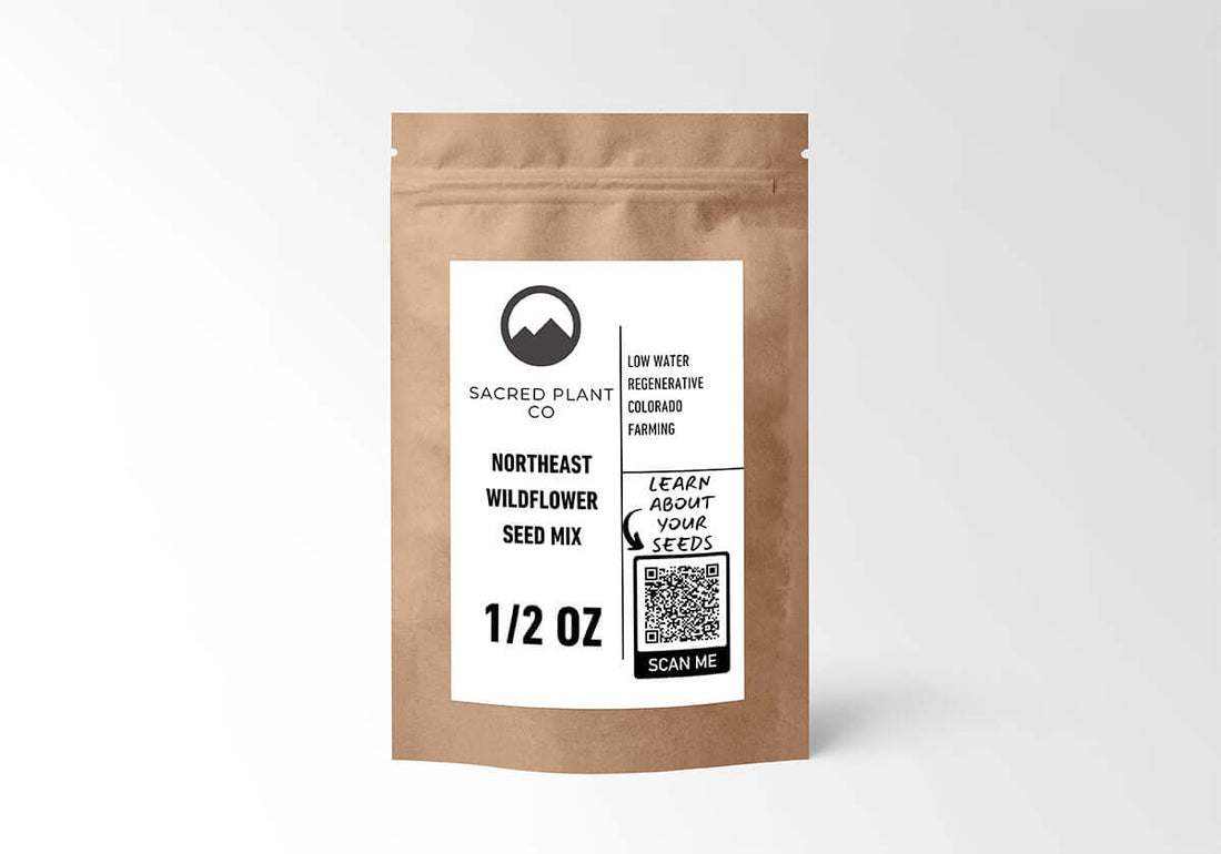 1/2 oz kraft seed pouch labeled Northeast Wildflower Seed Mix by Sacred Plant Co with QR code to learn about the seeds and eco-friendly farming.