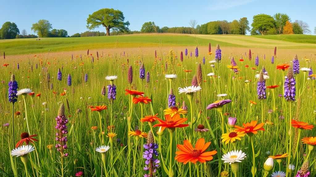 Rolling green hills behind a northeast wildflower meadow featuring red poppies, white daisies, and purple spiked blooms in peak bloom.