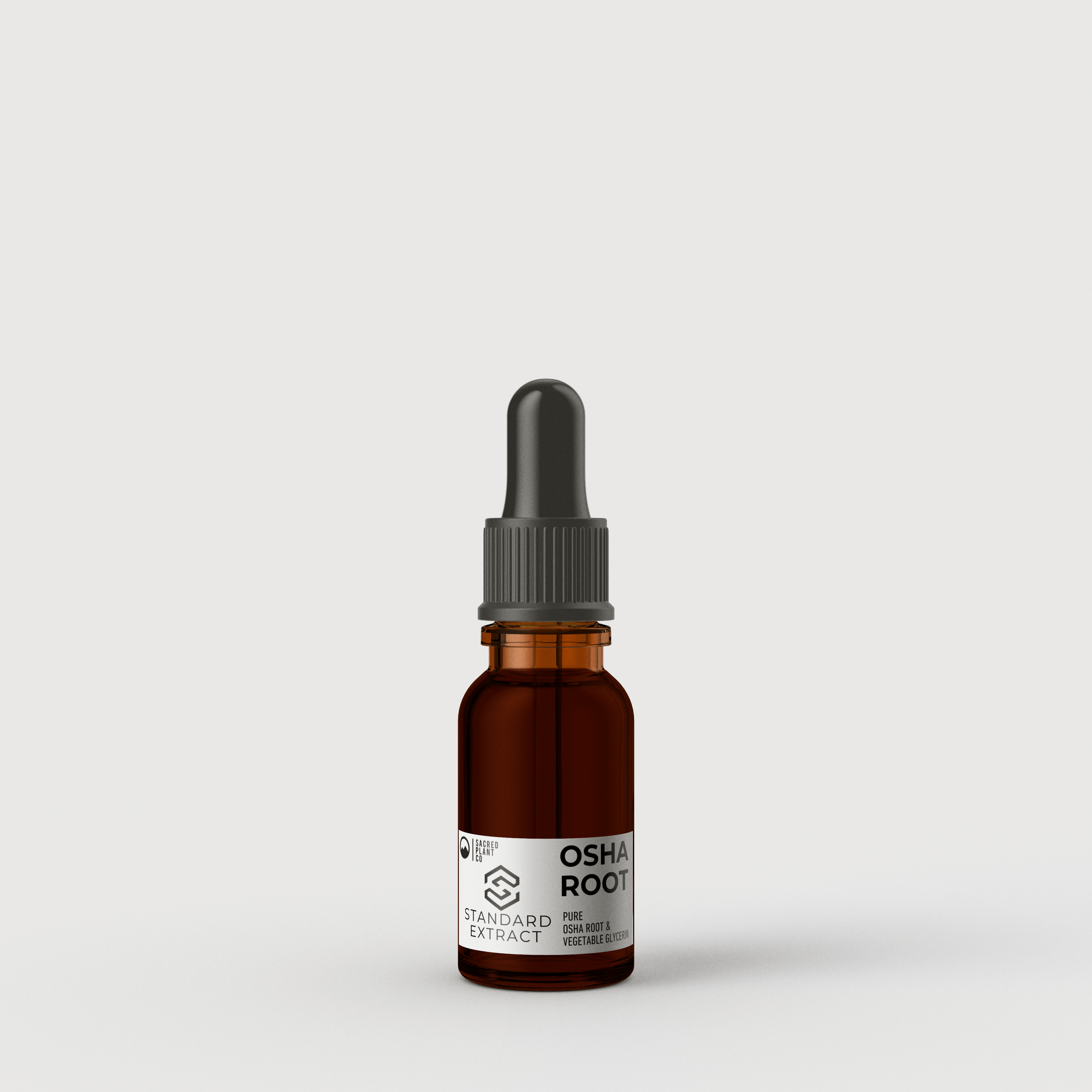 Small dropper bottle of Sacred Plant Co Osha Root Standard Tincture Extract, herbal lung support tincture.
