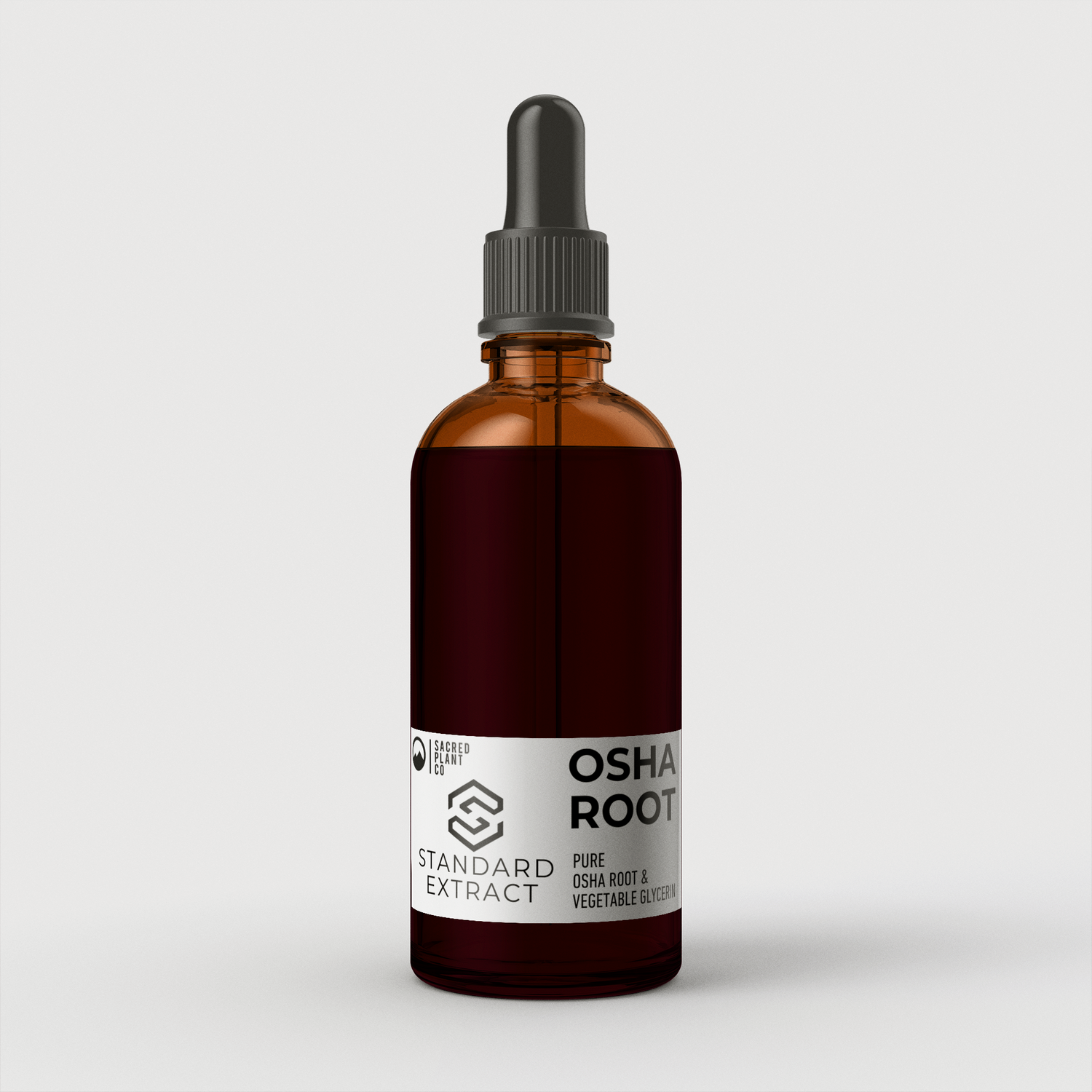 Bottle of Sacred Plant Co Osha Root Standard Extract tincture, pure herbal respiratory support supplement.