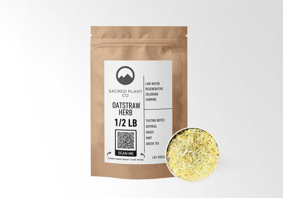 Sacred Plant Co Oatstraw Herb 1/2 LB in eco-friendly kraft paper packaging, showcasing a sample of the herb in a silver tin, known for supporting nervous system health.