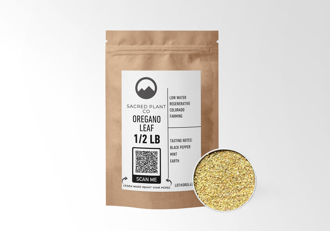 Sacred Plant Co Oregano Leaf 1/2 LB in eco-friendly kraft paper packaging, with a sample in a silver tin. Commonly used for supporting respiratory health, boosting immune function, and as an antioxidant-rich culinary herb.