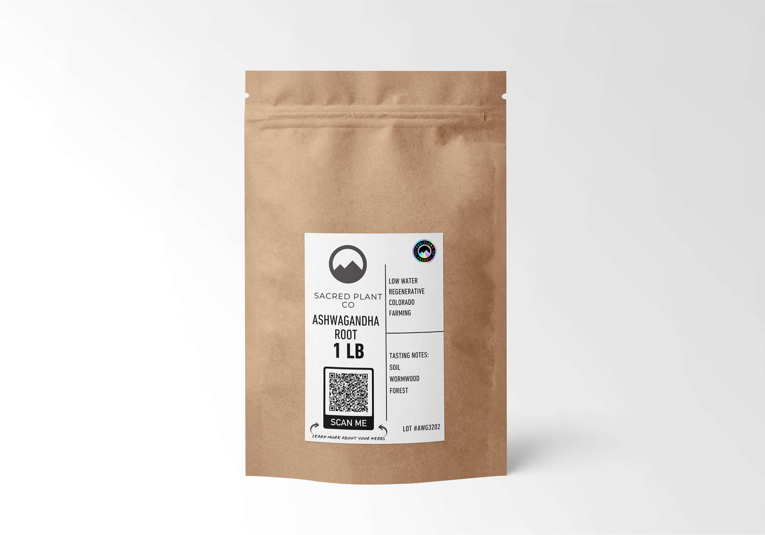 A 1 lb bulk bag of Sacred Plant Co organic Ashwagandha Root (Withania somnifera). The front label details the dried adaptogenic herb&