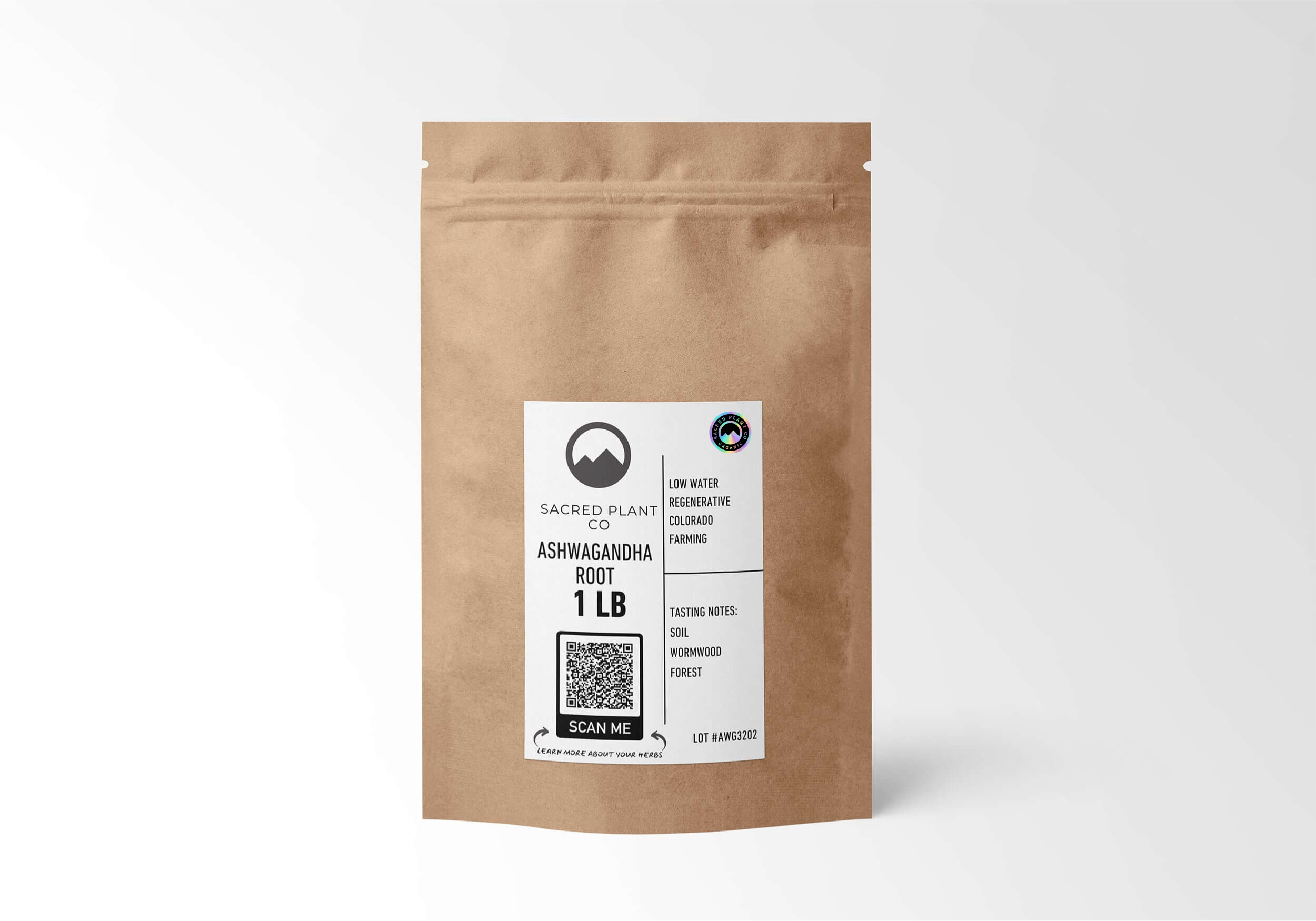 A 1 lb bulk bag of Sacred Plant Co organic Ashwagandha Root (Withania somnifera). The front label details the dried adaptogenic herb&