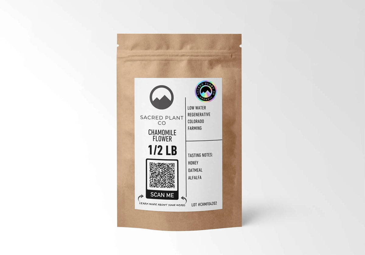 Sacred Plant Co Organic Chamomile Flower 1/2 LB in a kraft stand-up pouch with the holographic organic seal on the label.