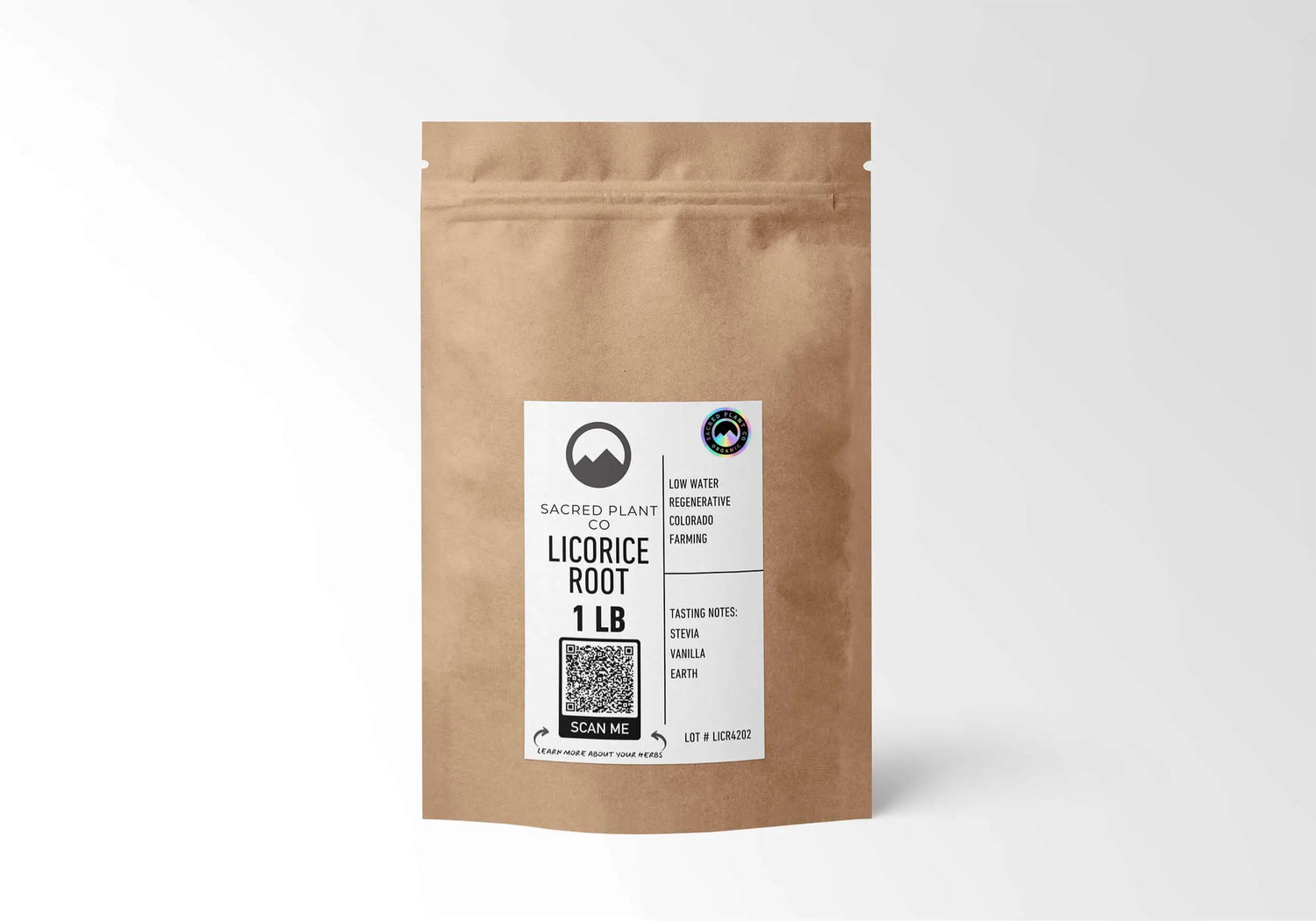 A 1 lb bulk bag of Sacred Plant Co organic Licorice Root (Glycyrrhiza glabra). The front label details the dried herb&