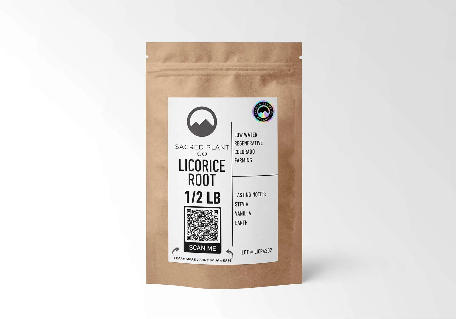 Front view of a 1/2 lb bag of Sacred Plant Co bulk organic Licorice Root. The eco-friendly kraft packaging features a scannable QR code for herb traceability and highlights its sustainable, regenerative farming origins.
