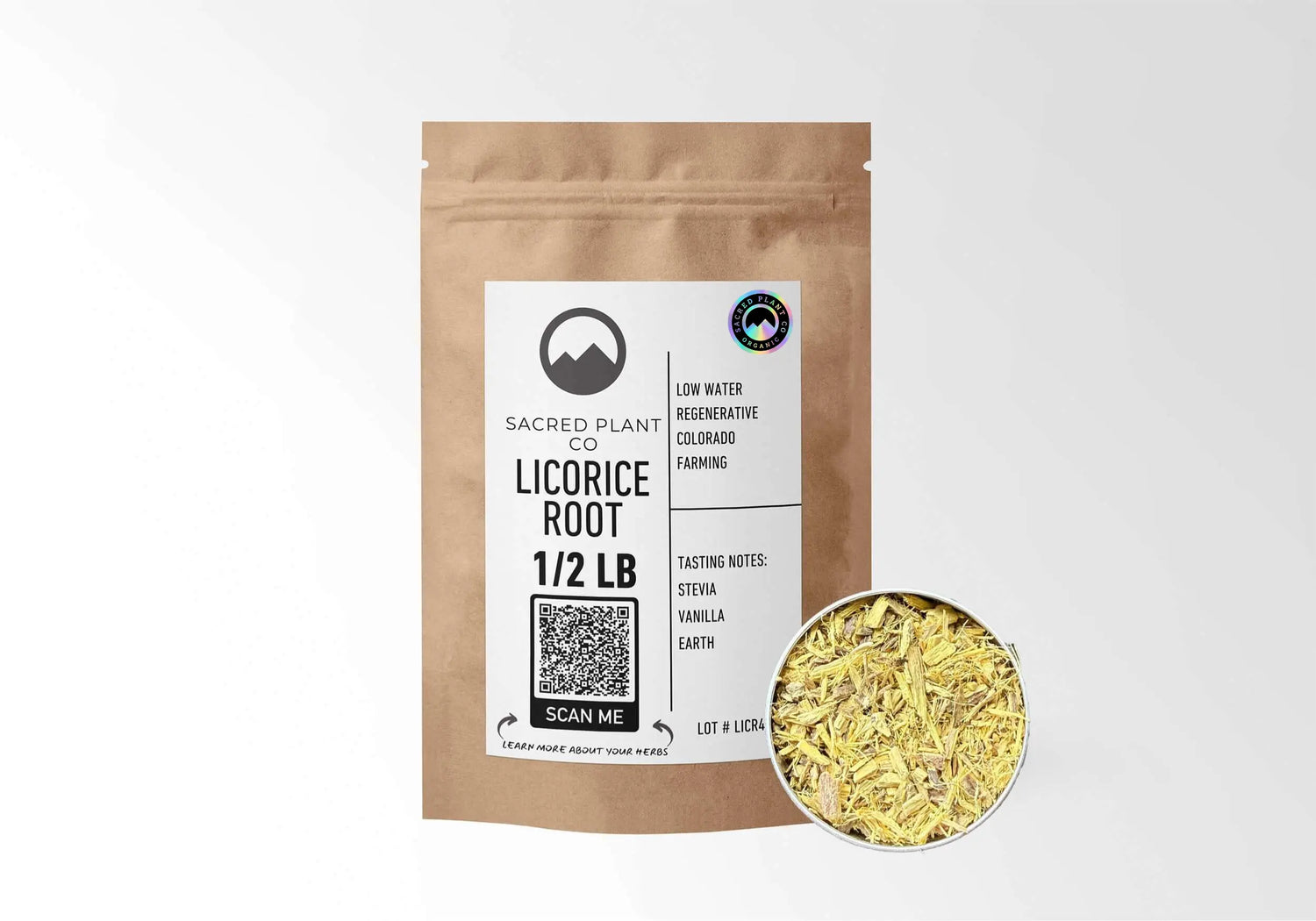 A 1/2 lb kraft pouch of Sacred Plant Co organic, cut and sifted Licorice Root (Glycyrrhiza glabra) shown next to a sample of the dried yellow root. The label highlights low-water regenerative farming and lists tasting notes of stevia, vanilla, and earth.