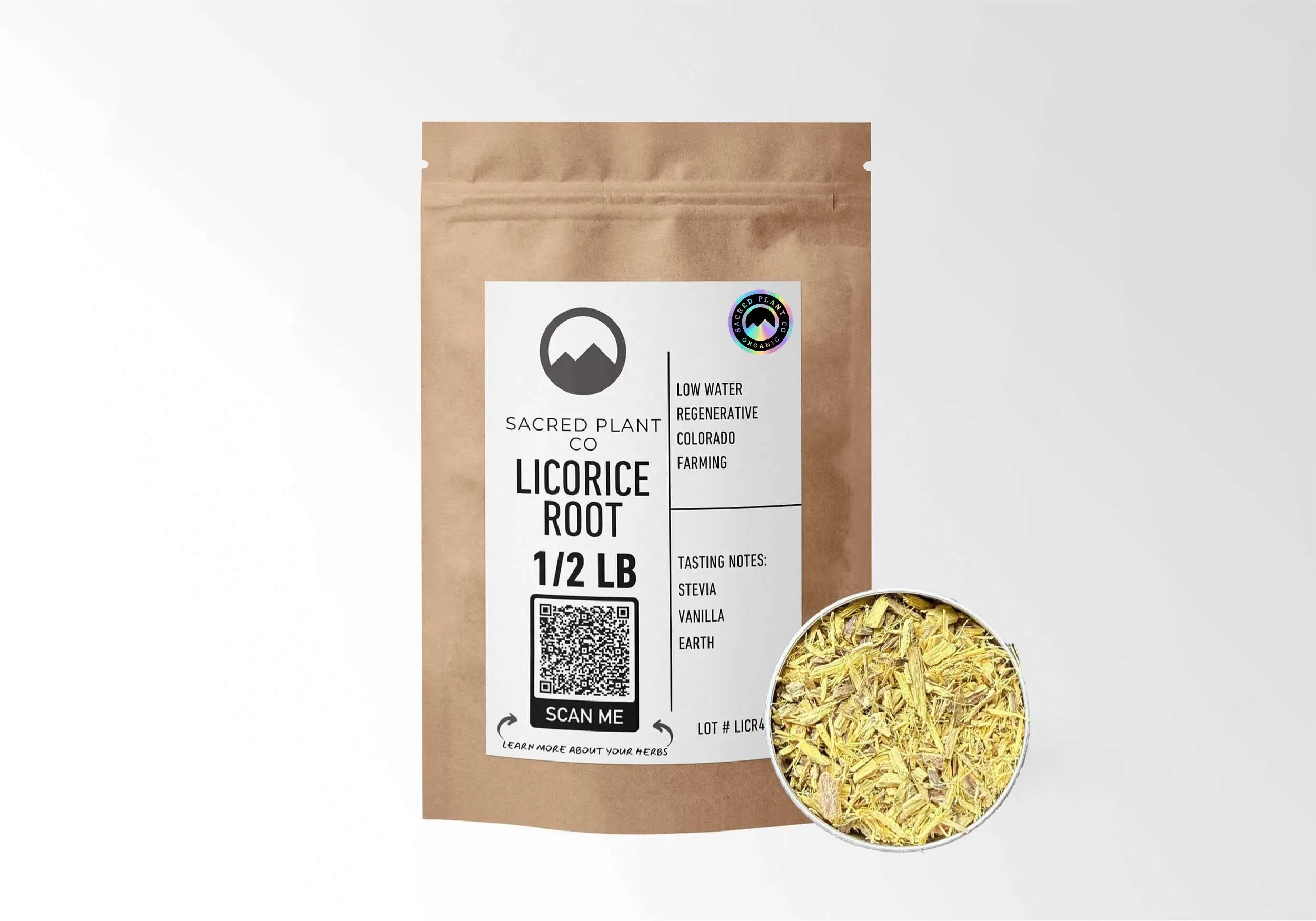 A 1/2 lb kraft pouch of Sacred Plant Co organic, cut and sifted Licorice Root (Glycyrrhiza glabra) shown next to a sample of the dried yellow root. The label highlights low-water regenerative farming and lists tasting notes of stevia, vanilla, and earth.