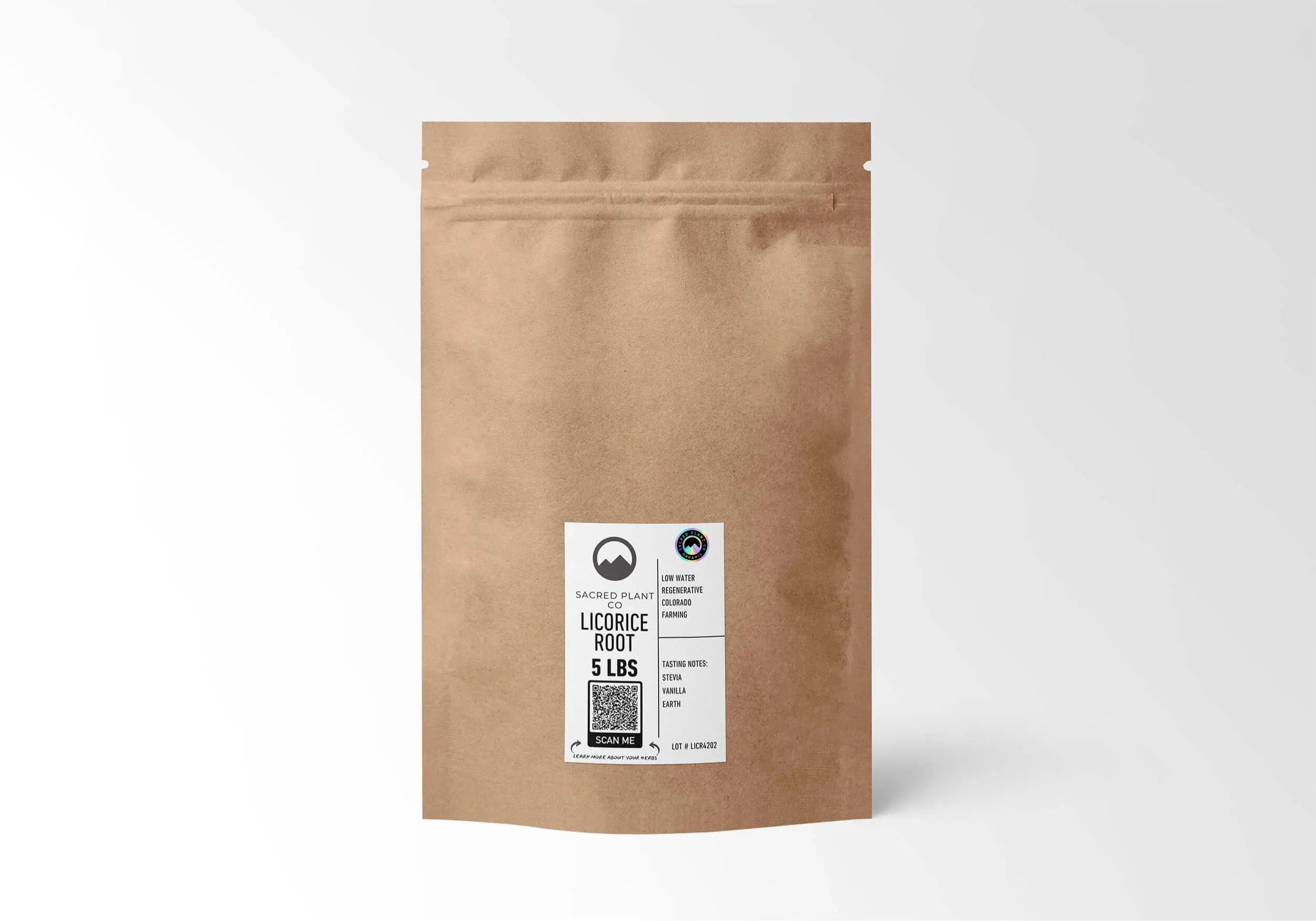 A large 5 lbs wholesale bulk bag of Sacred Plant Co organic cut and sifted Licorice Root. The packaging emphasizes the brand&