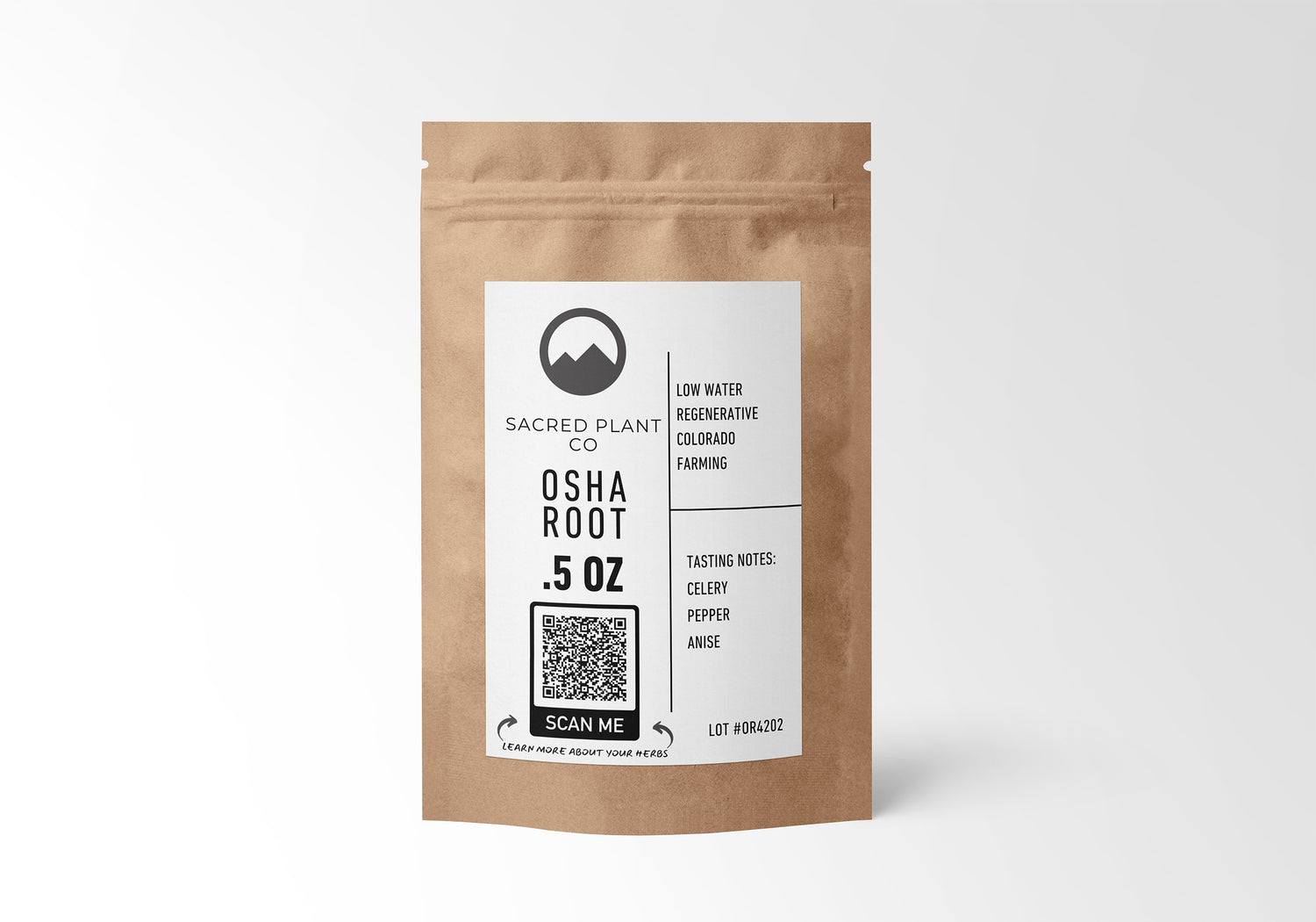 Osha Root (0.5 OZ) in eco-conscious kraft paper packaging, supporting respiratory health, sustainably grown by Sacred Plant Co.