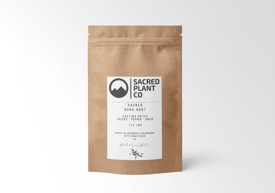 Packaged Osha Root for sale by Sacred Plant Co, showcasing the product in a natural brown paper bag with clear labeling of the herbal contents.&quot;