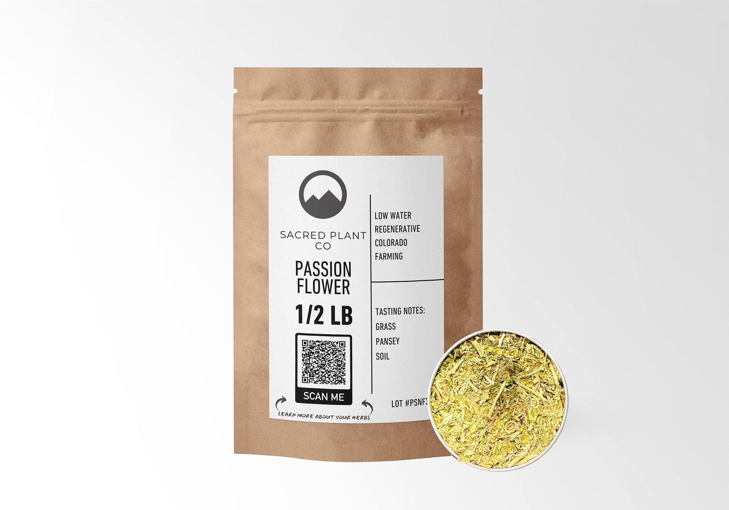 Sacred Plant Co Passion Flower 1/2 LB in eco-friendly kraft paper packaging, with a sample of the herb in a silver tin, supports relaxation and stress relief.