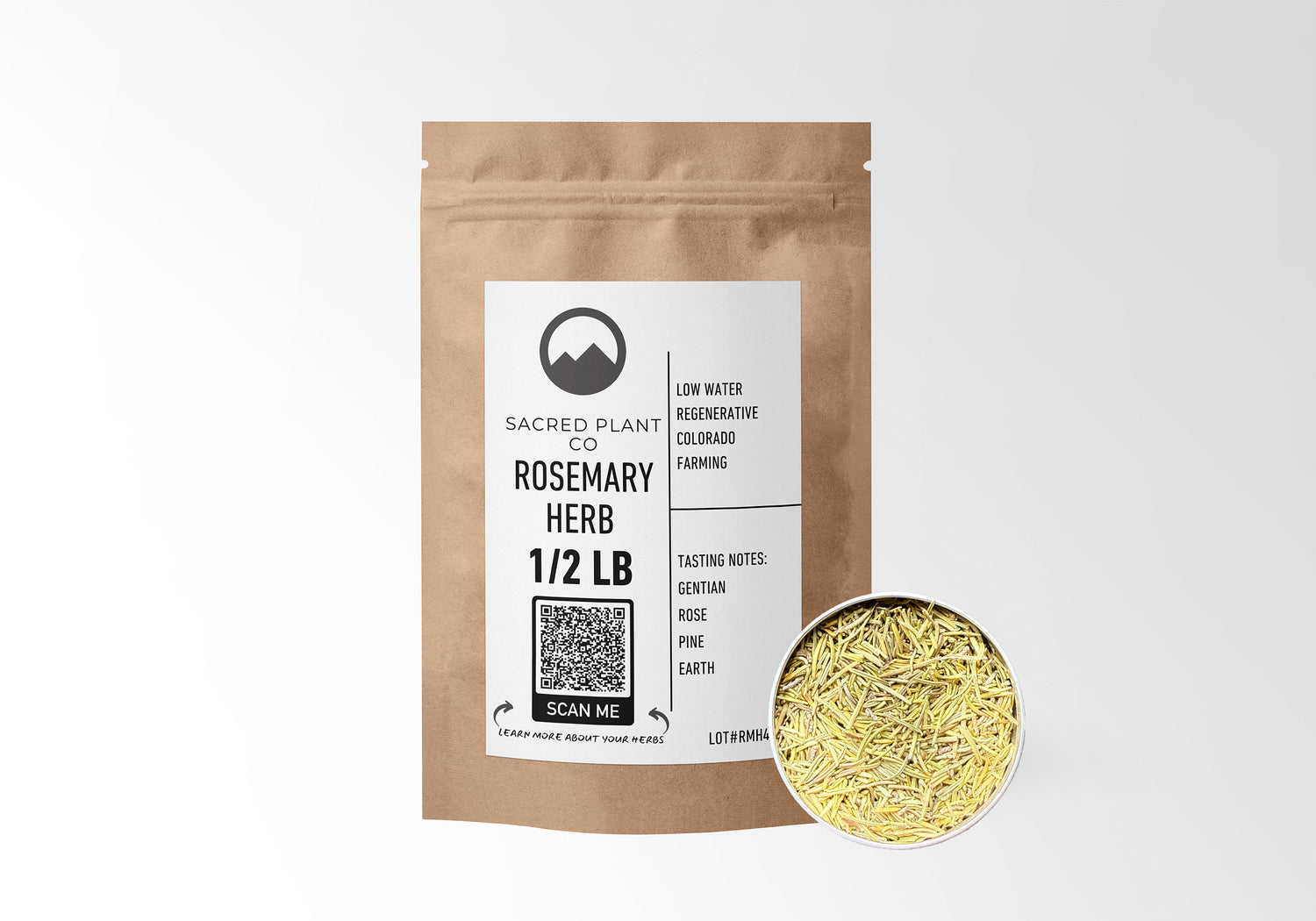 Sacred Plant Co Rosemary Herb 1/2 LB in eco-friendly kraft paper packaging, featuring a sample of the herb in a silver tin, beneficial for cognitive function and digestive health.