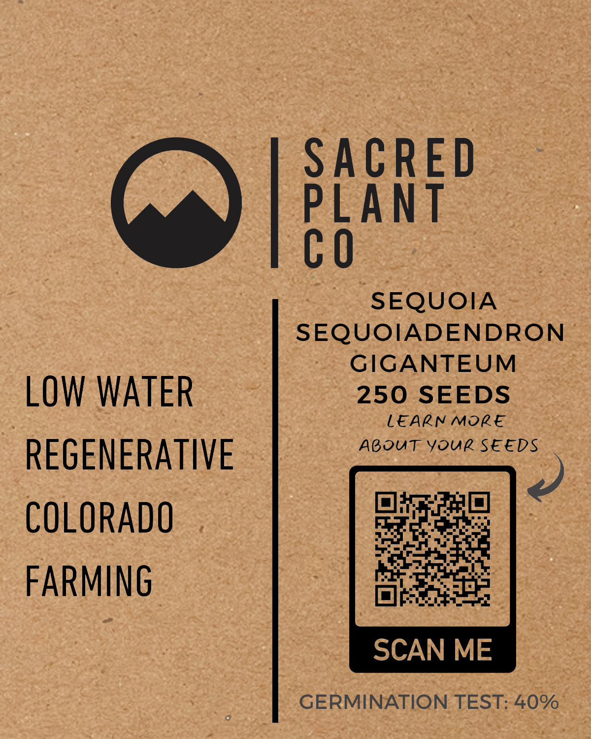 Sacred Plant Co’s 250 Giant Sequoia seeds packet with regenerative farming branding, germination test results, and QR code for details.