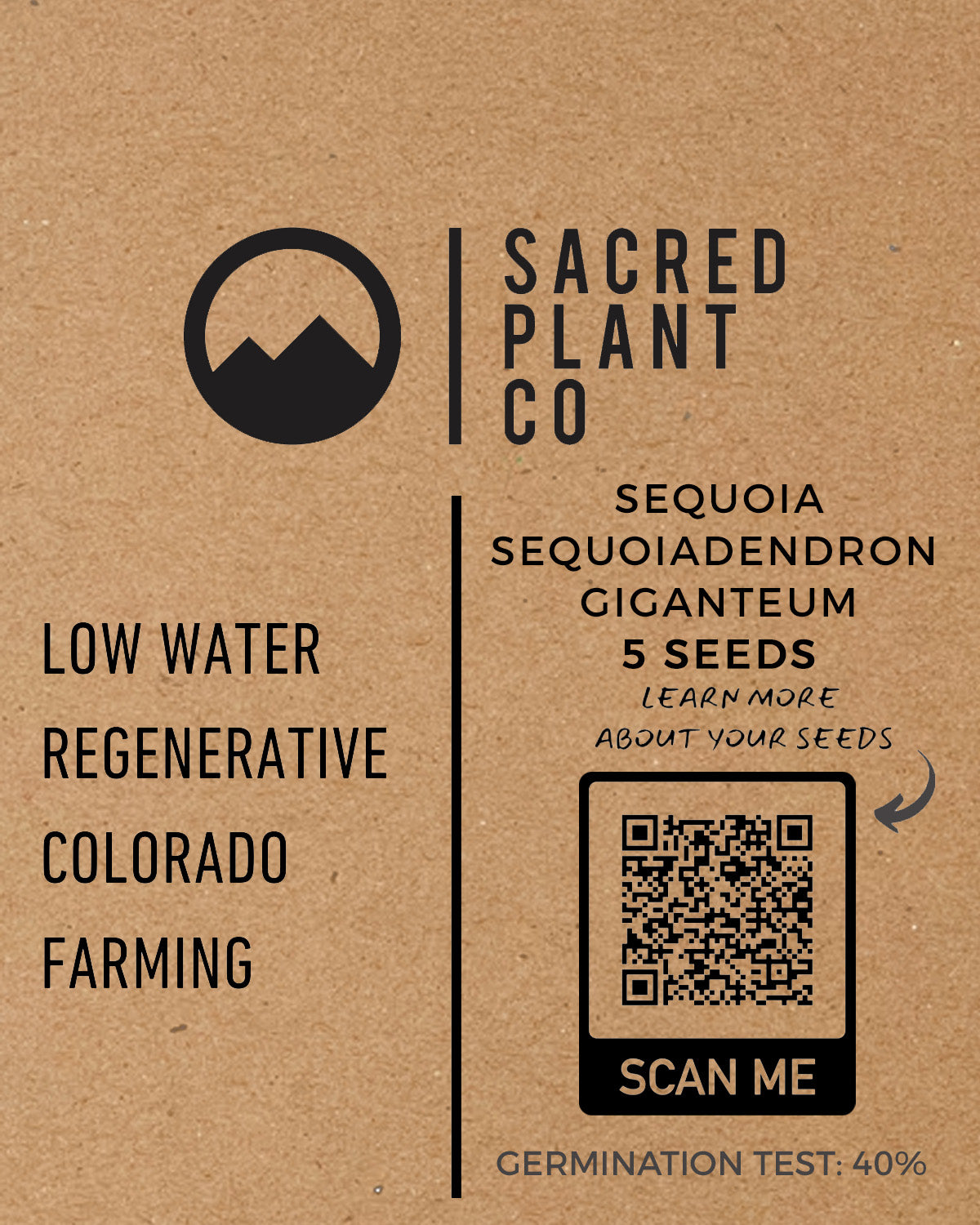 Giant Sequoia tree seed packet from Sacred Plant Co, featuring low water regenerative farming details and QR code for seed information.