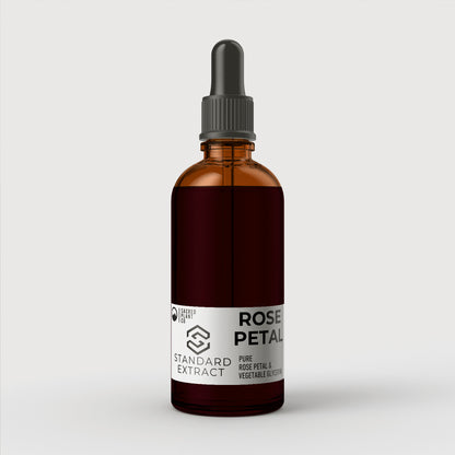 30ml standard rose petal extract in an amber bottle with a dropper, featuring clean label branding, against a grey backdrop for online wellness retailers.