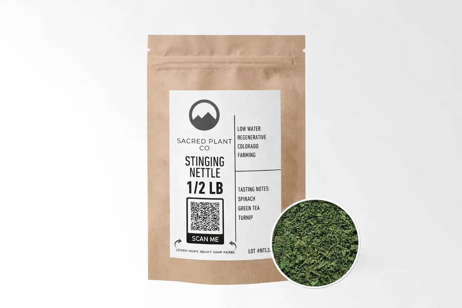 Sacred Plant Co Stinging Nettle 1/2 LB eco-friendly kraft bag with herb sample, sustainably farmed, premium quality for health benefits.