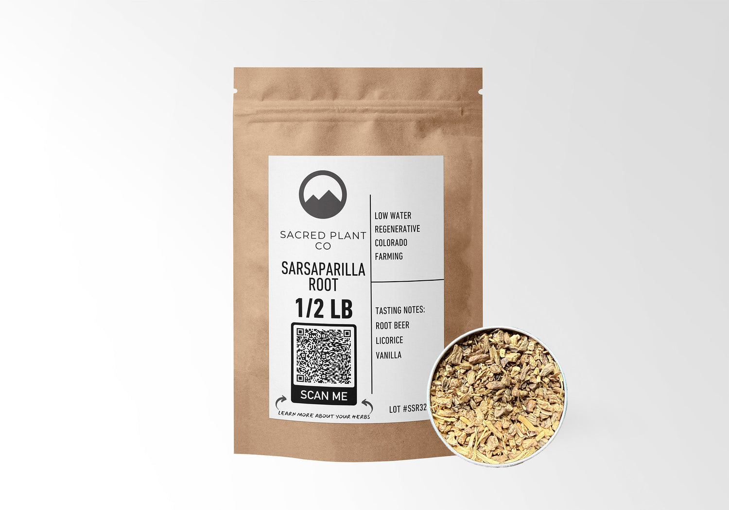 Sacred Plant Co Sarsaparilla Root 1/2 LB kraft paper packaging with sample in silver tin showcasing sustainably grown herb for natural health benefits.