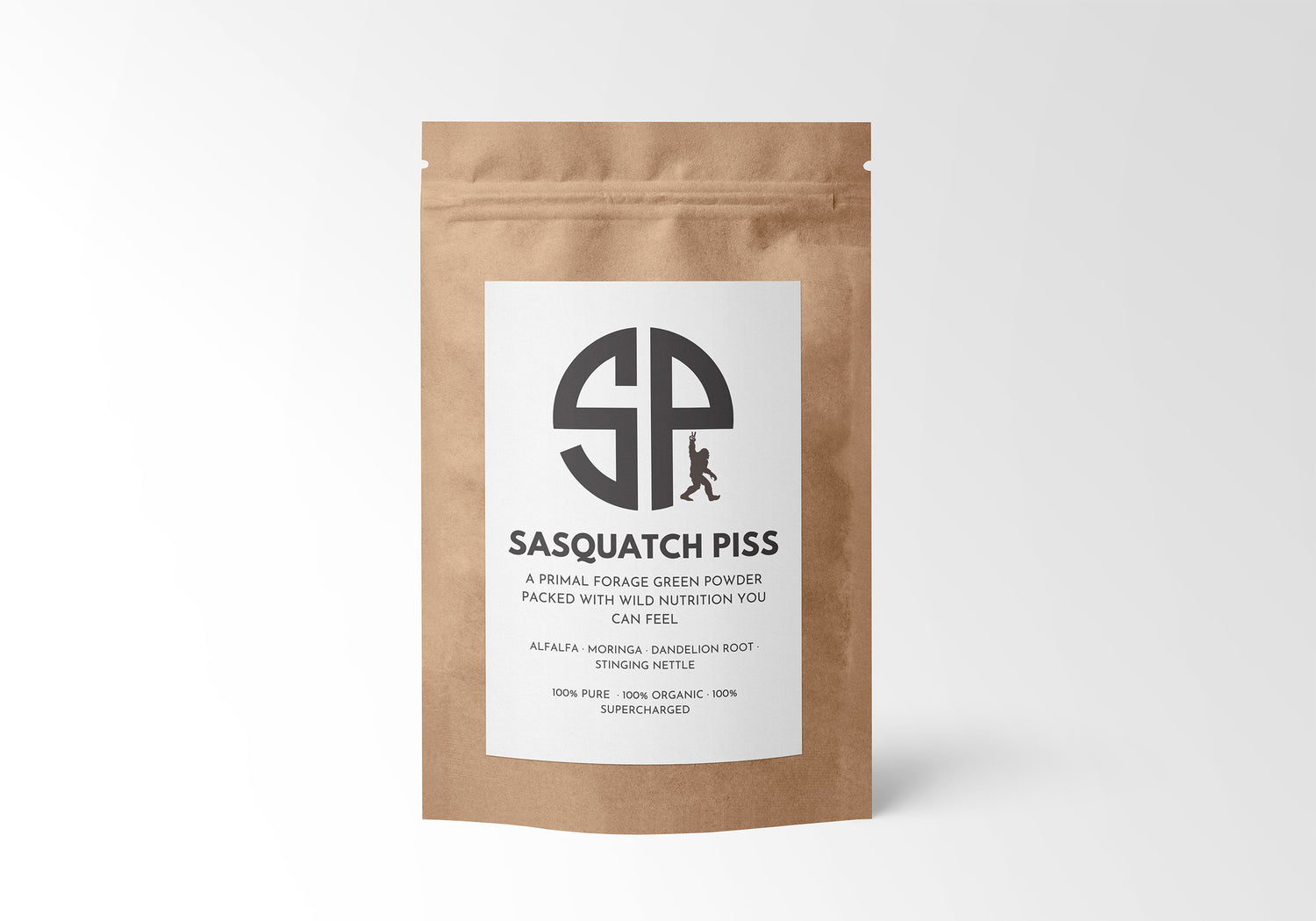 Sasquatch Piss 100% organic green powder in kraft packaging, offering primal nutrition with Alfalfa, Moringa, and Nettle for enhanced health and energy.