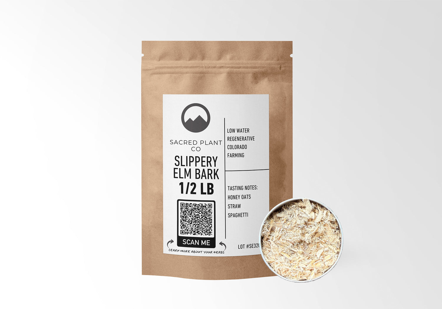 Sacred Plant Co Slippery Elm Bark 1/2 LB in kraft paper packaging with a sample in a silver tin, used for soothing the digestive tract, alleviating coughs, and promoting skin health.