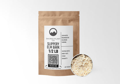 Sacred Plant Co Slippery Elm Bark 1/2 LB in kraft paper packaging with a sample in a silver tin, used for soothing the digestive tract, alleviating coughs, and promoting skin health.