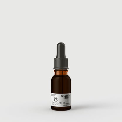 The half-ounce Standard Extract Skullcap Herb tincture presented in a minimalist amber bottle, emphasizing its convenient size and premium quality.