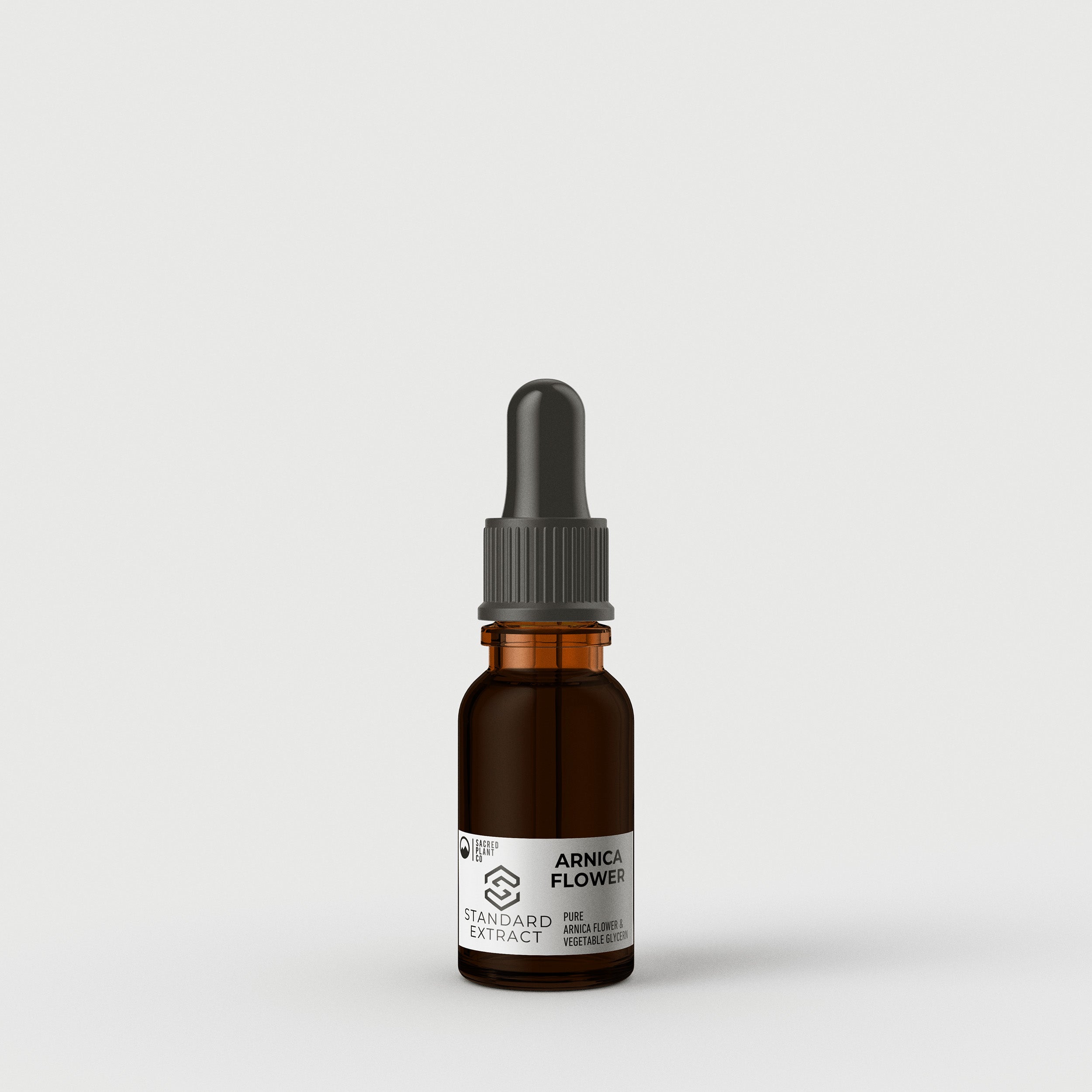 Half OZ glass bottle of Sacred Plant Co Standard Arnica Flower Tincture for high-quality herbal relief, muscle support.