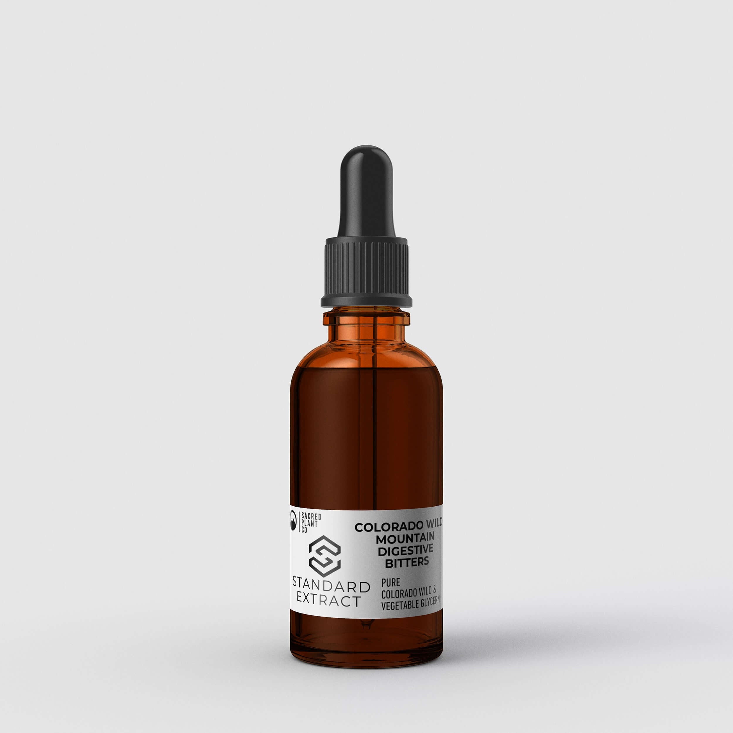 Sacred Plant Co Standard Extract Colorado Wild Mountain Digestive Bitters in 1 OZ amber glass bottle, promoting digestive health.