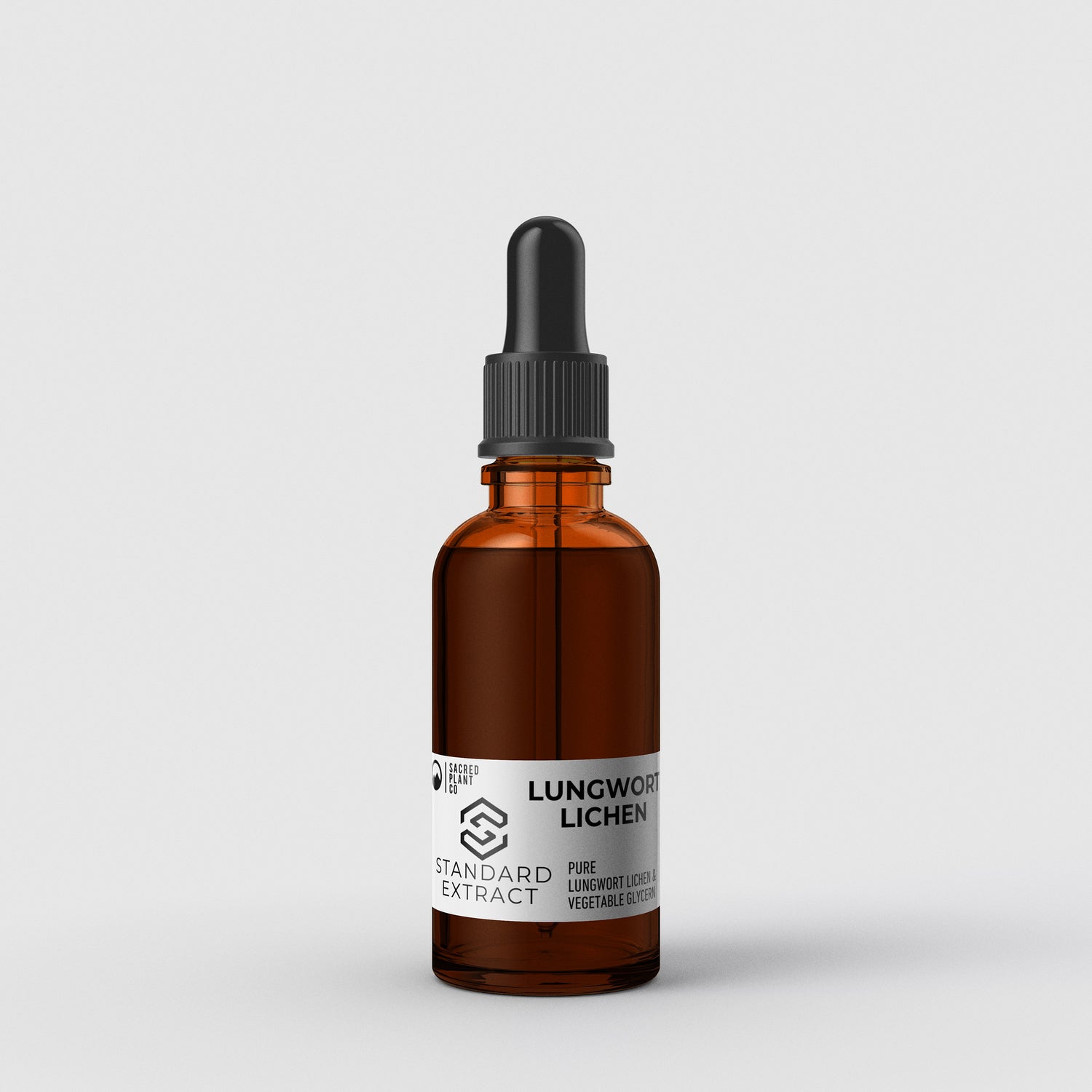 Sacred Plant Co Standard Extract Lungwort Lichen Tincture 1 OZ in a high-quality glass bottle, featuring sustainably harvested Lungwort Lichen for respiratory wellness.